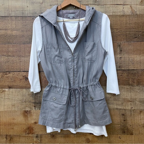 Linen Vest, Zip Up, Gathered Waist, Hooded in Gray Eyelet - Picture 7 of 10
